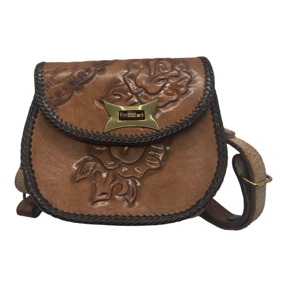 Vintage Stamped Brown Leather Micro Purse Gold embellishments long Adjustable St - Picture 1 of 5